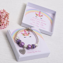 Load image into Gallery viewer, Big Sister Gift Charm Bracelet Purple Diamante Beads Personalised Unicorn Card