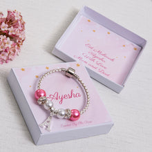 Load image into Gallery viewer, Eid Gift For Girls Charm Bracelet Younger Girls Pink and Diamante Beads and Personalised Card
