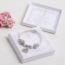 Load image into Gallery viewer, First Holy Communion Sparkle Bracelet Diamante Beads Engraved Heart Charm Personalised Card