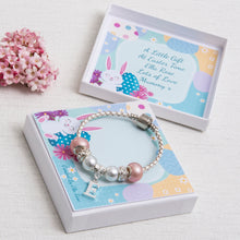 Load image into Gallery viewer, Easter Gift For Girls Charm Bracelet Pink Initial Charm Personalised Easter Bunny Card