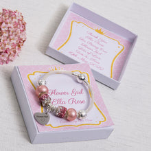 Load image into Gallery viewer, Flower Girl Thank You Gift Bracelet Pink Sparkle Beads Flower Girl Heart Personalised Card