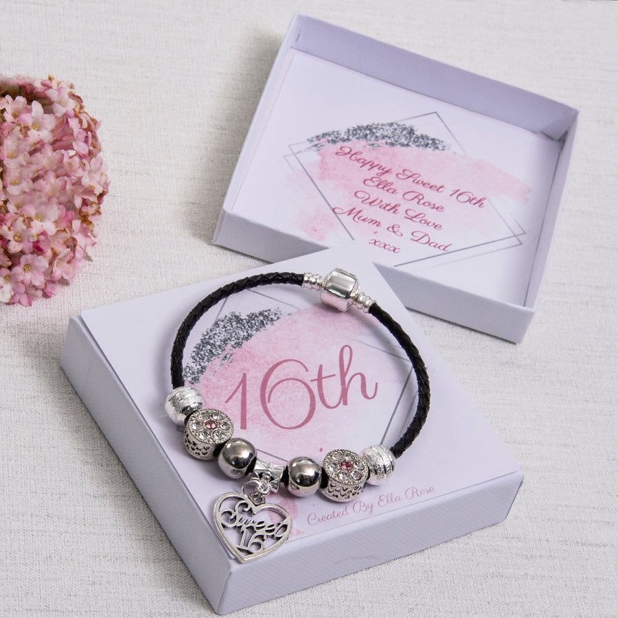 Sweet 16th Birthday Gift Keepsake Black Leather Bracelet