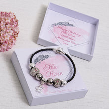 Load image into Gallery viewer, Black Leather Girls Teenager Birthday or Christmas Trendy Bracelet Initial Charm Personalised Card