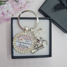 Load image into Gallery viewer, Nursing Graduate Graduation 2021 2022 2023 2024 Personalised Gift Keyring Mortar Board and Scroll Charm
