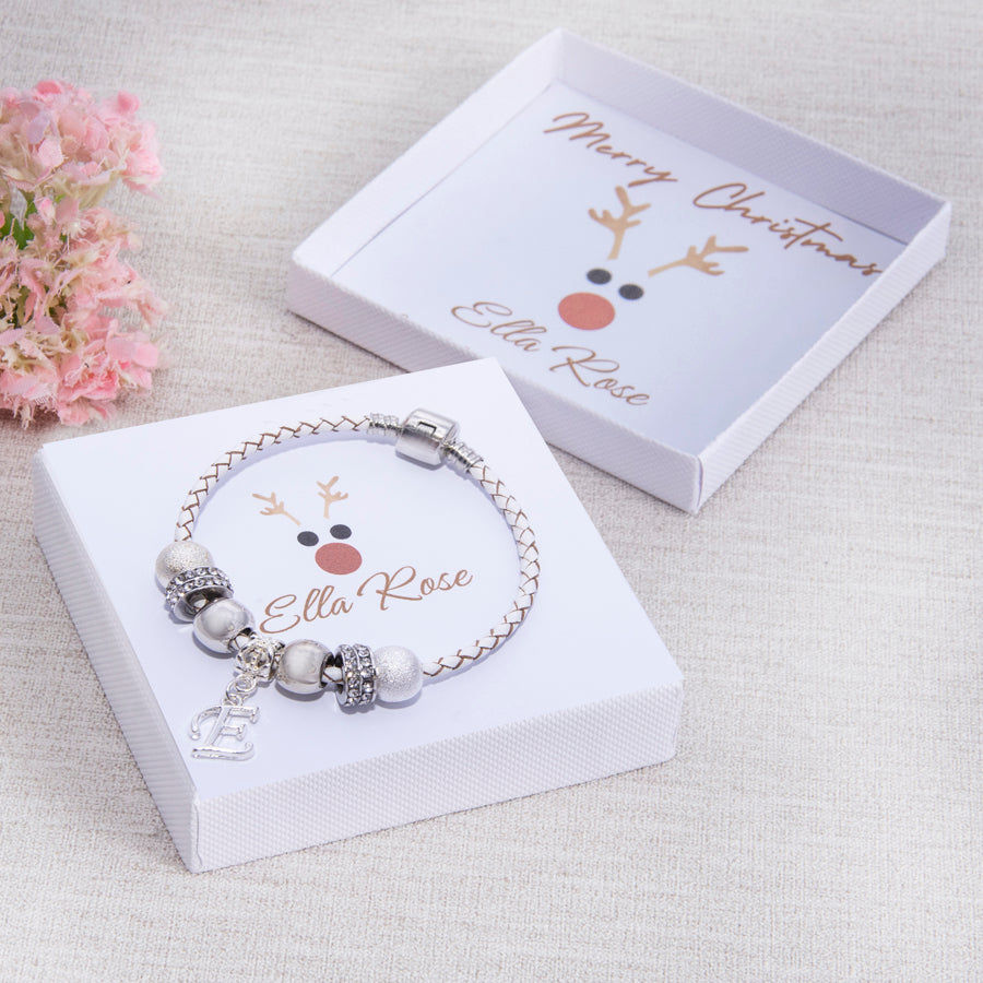 Reindeer Christmas Stocking Filler Gift For Girls Charm Bracelet With Initial Charm