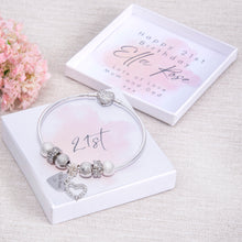 Load image into Gallery viewer, 18th 21st 30th 40th 50th Birthday Gift, Charm Bracelet, Solid Bangle, Diamante Beads, Personalised Card &amp; Keepsake Box
