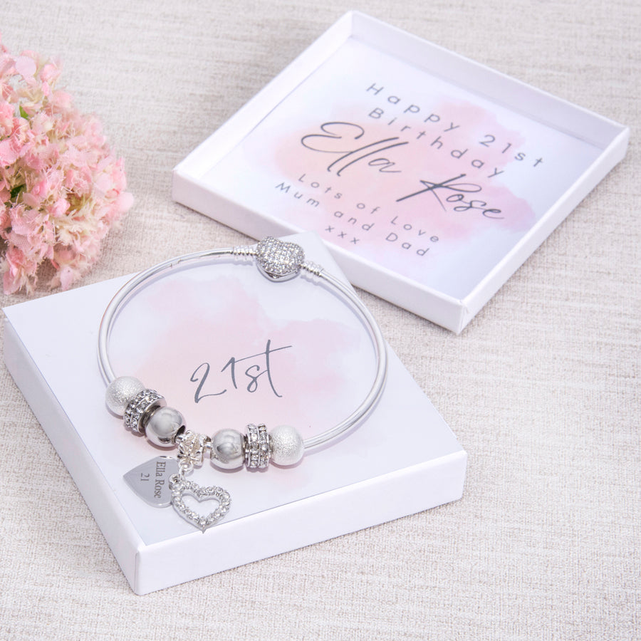 18th 21st 30th 40th 50th Birthday Gift, Charm Bracelet, Solid Bangle, Diamante Beads, Personalised Card & Keepsake Box