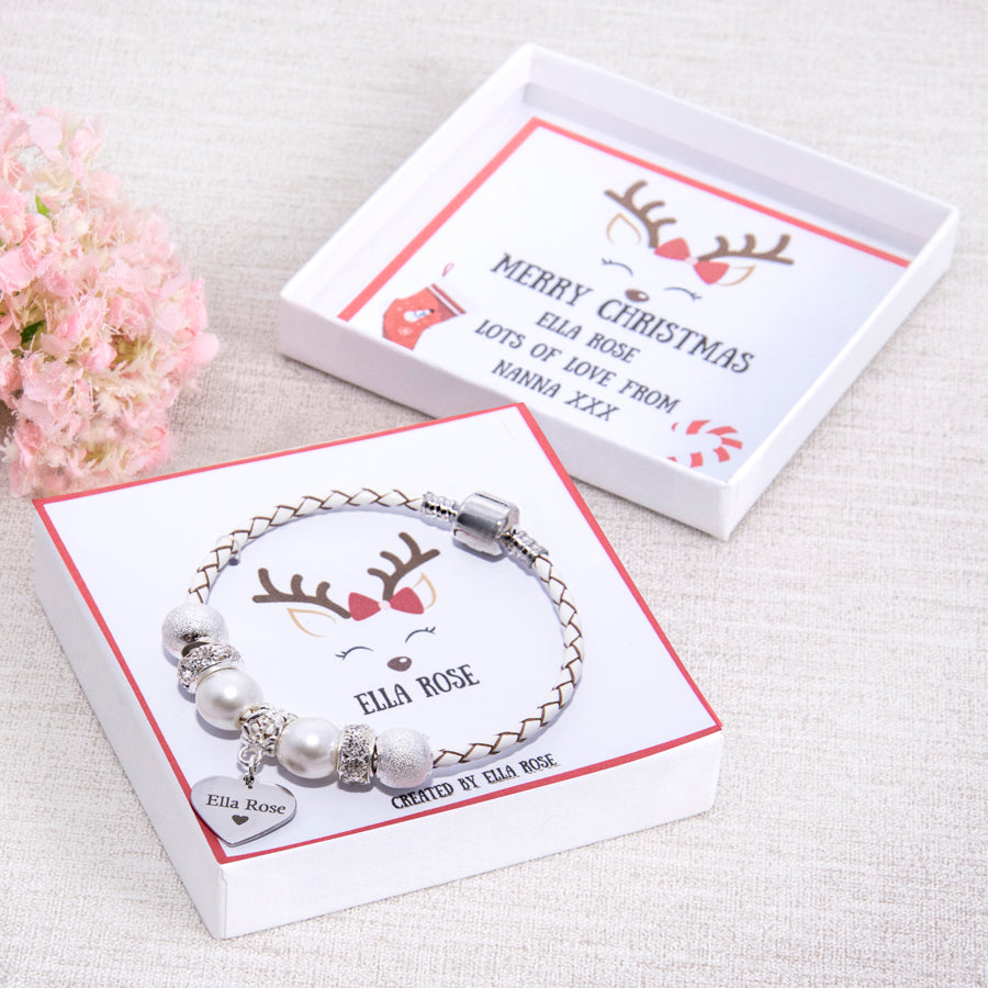 Reindeer Christmas Stocking Filler Gift For Girls Charm Bracelet With Engraved Name Charm