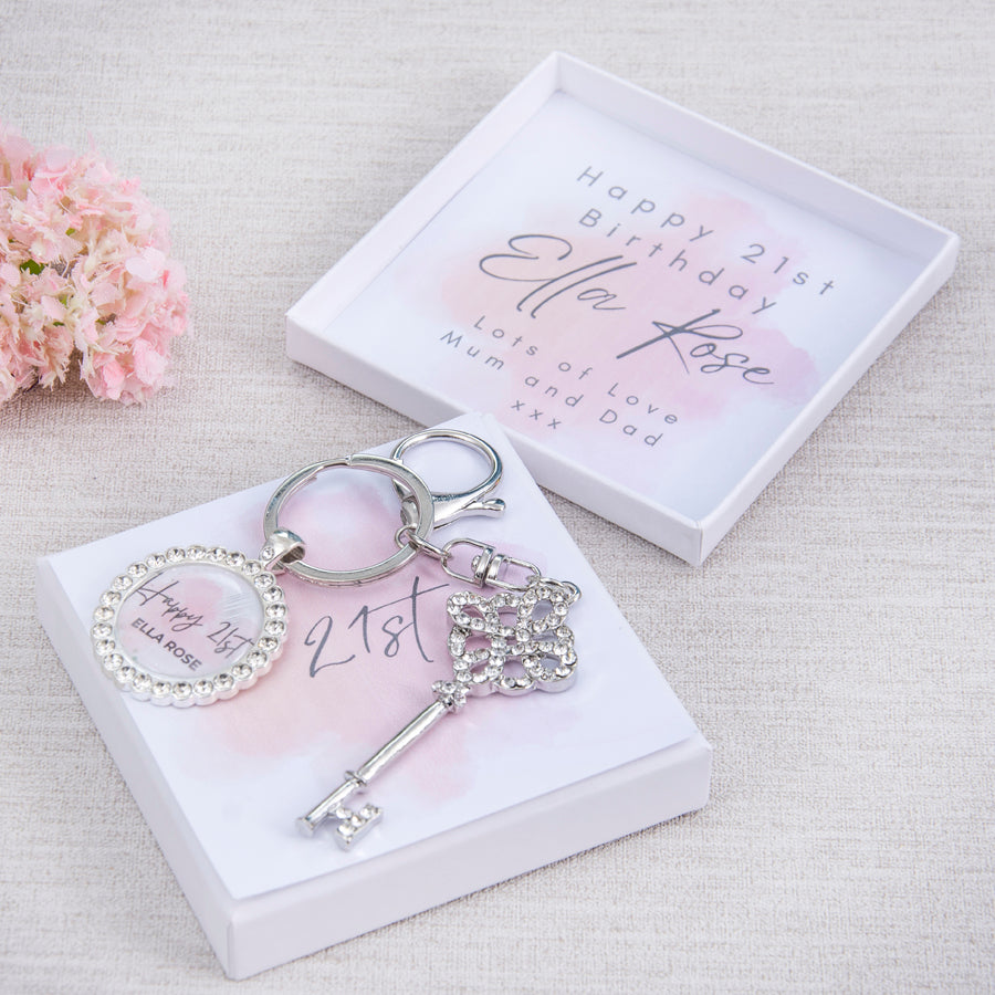 18th or 21st Birthday Gift, Key To The Door, Silver Rhinestone Colour, Personalised Card and Keepsake Box