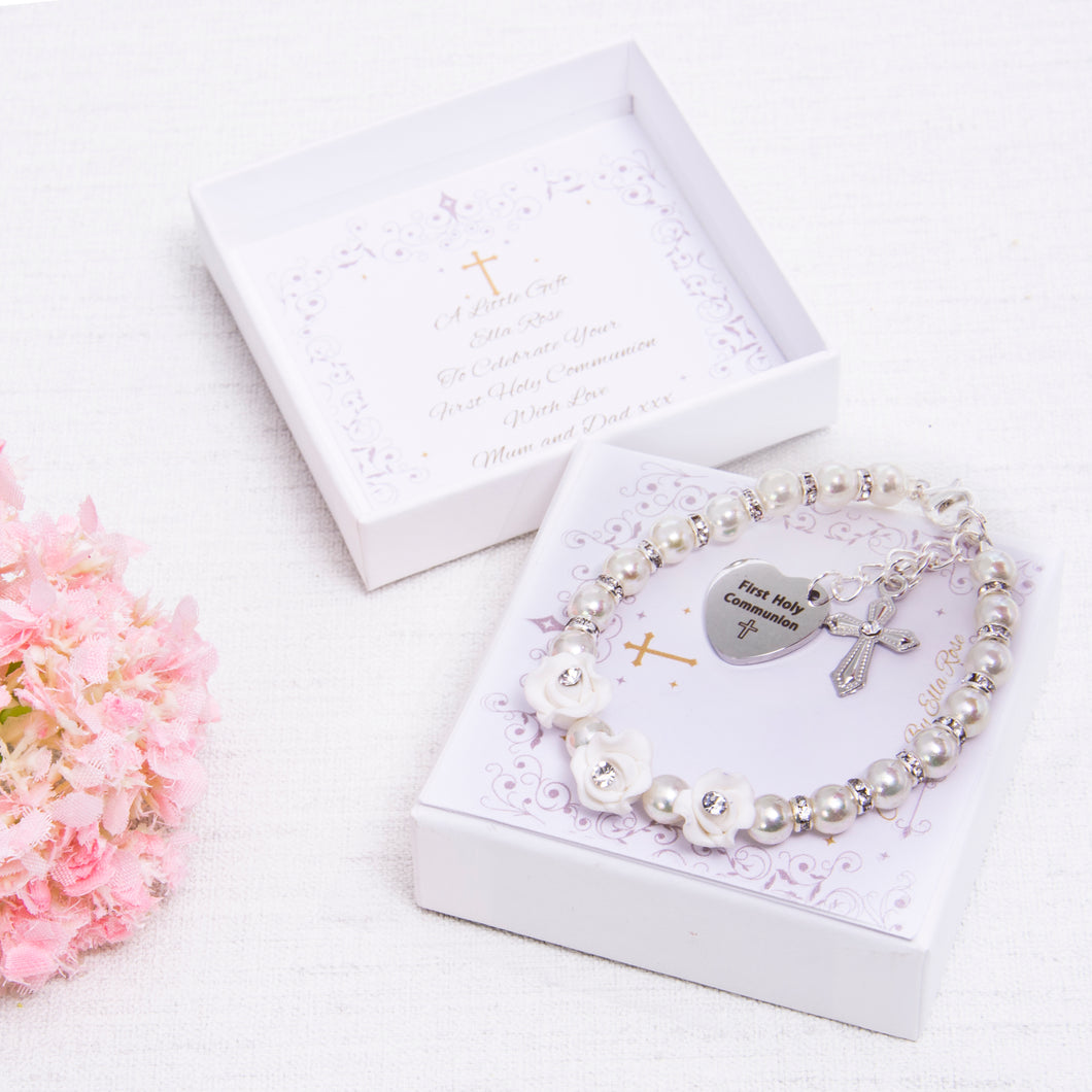 First Holy Communion Flower Beaded Bracelet Personalised