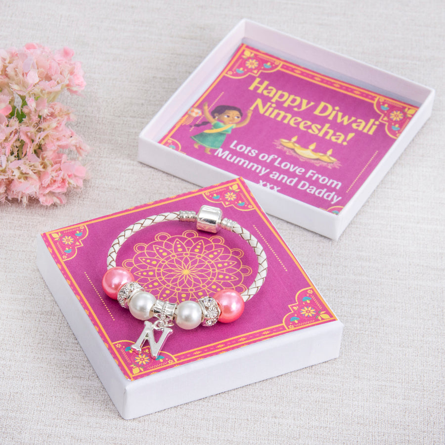 Diwali Gift Younger Girls Initial Charm Pink & Diamante Beads White leather