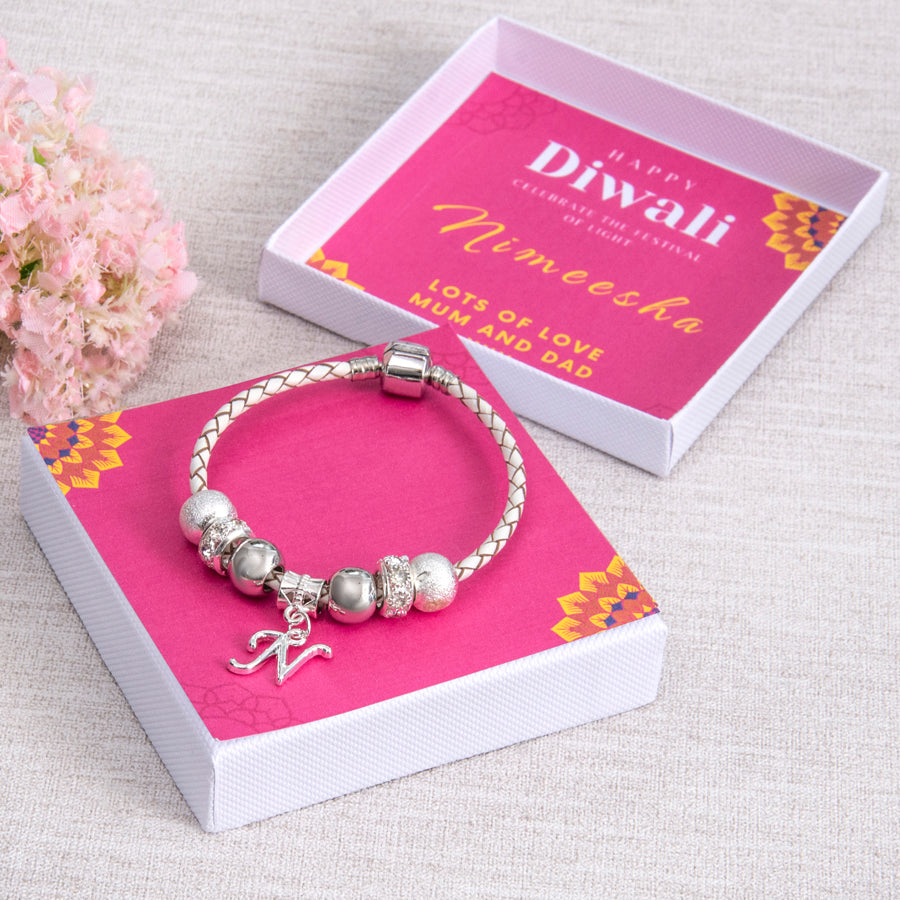 Teenage Diwali Gift Girls Initial Charm Leather Bracelet Diamante Beads