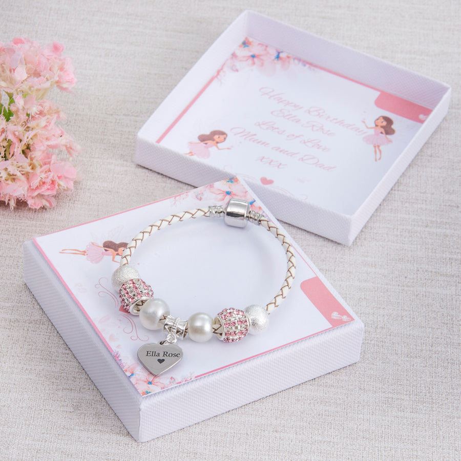 Girls Pink Fairy Birthday or Christmas Charm Bracelet With Engraved Heart Charm