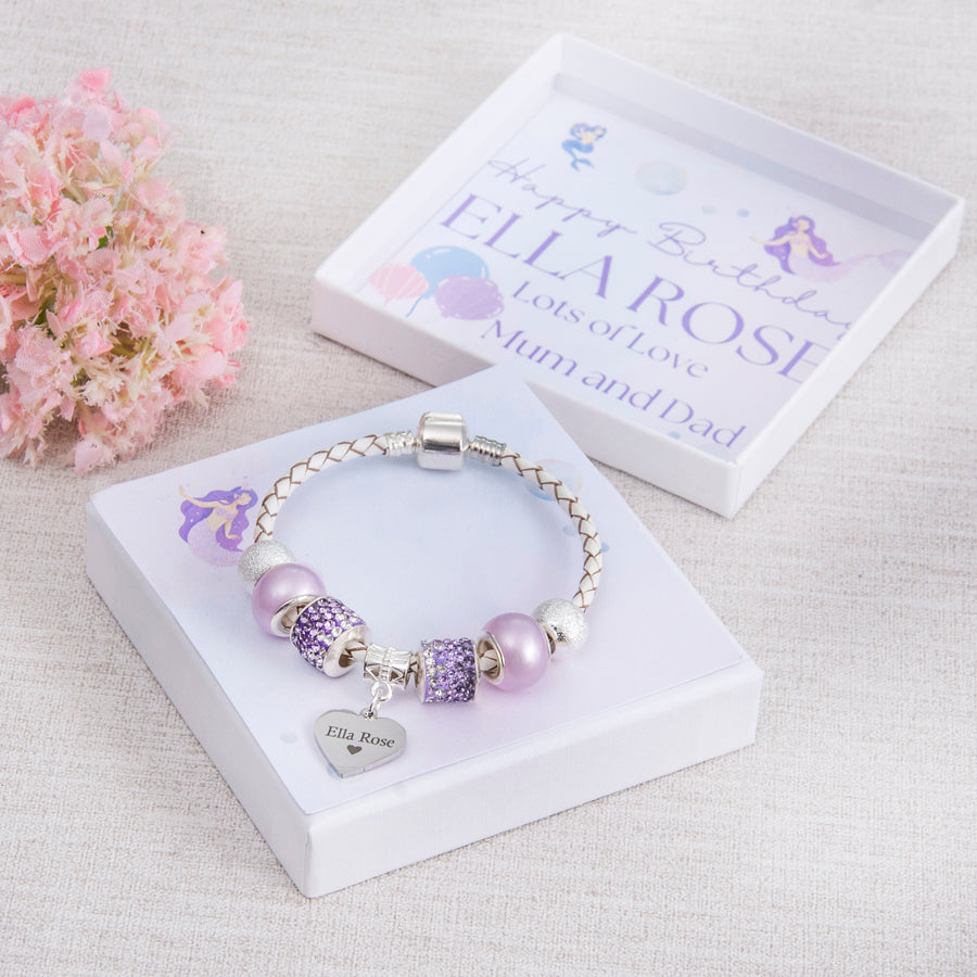 Girls Mermaid Birthday or Christmas Purple Charm Bracelet With Engraved Name Charm