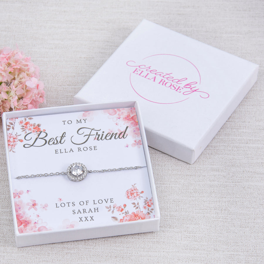 Best Friend Ladies Diamante Bracelet Personalised Floral Insert