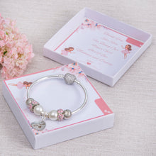 Load image into Gallery viewer, Flower Girl Thank You Gift Bracelet Ivory &amp; Sparkle Beads And Engraved Charm
