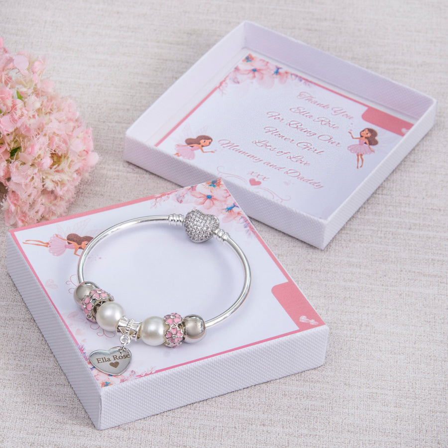 Flower Girl Thank You Gift Bracelet Ivory & Sparkle Beads And Engraved Charm