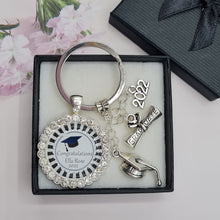 Load image into Gallery viewer, Graduation 2021 2022 2023 2024 Personalised Gift Keyring Mortar Board and Scroll Charm
