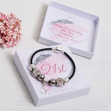 Load image into Gallery viewer, 21st Birthday Gift, Charm Bracelet, Black Leather, Pink Diamante Beads, Personalised Card &amp; Keepsake Box
