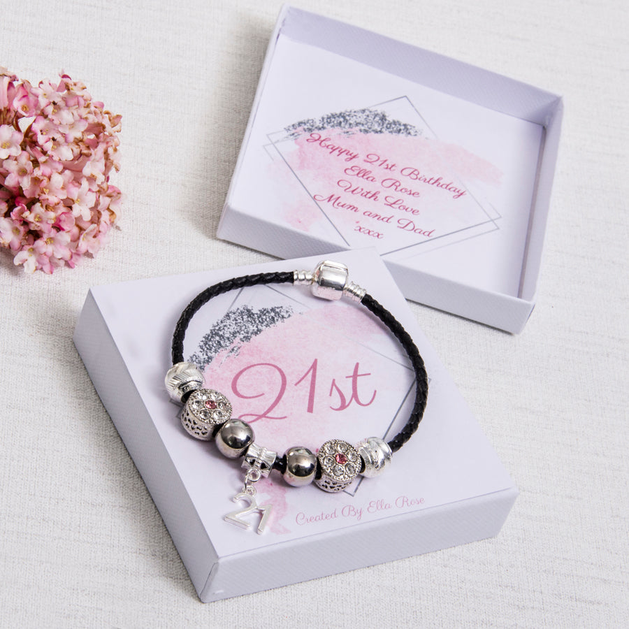 21st Birthday Gift, Charm Bracelet, Black Leather, Pink Diamante Beads, Personalised Card & Keepsake Box