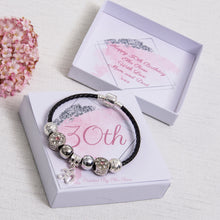 Load image into Gallery viewer, 30th Birthday Gift, Charm Bracelet, Black Leather, Pink Diamante Beads, Personalised Card &amp; Keepsake Box
