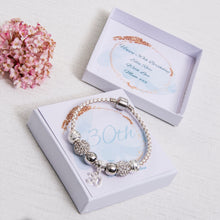 Load image into Gallery viewer, 30th Birthday Gift, Charm Bracelet, White Leather, Diamante Beads, Personalised Card &amp; Keepsake Box
