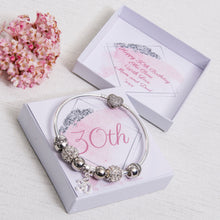 Load image into Gallery viewer, 30th 40th 50th 60th Birthday Gift, Charm Bracelet, Solid Bangle, Diamante Beads, Personalised Card &amp; Keepsake Box
