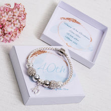 Load image into Gallery viewer, 40th Birthday Gift, Charm Bracelet, White Leather, Diamante Beads, Personalised Card &amp; Keepsake Box
