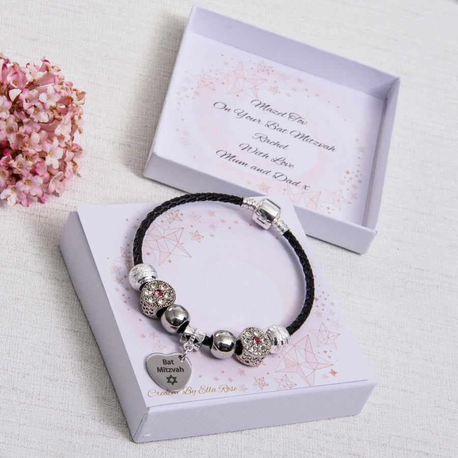 Bat Mitzvah Gift Black Leather Bracelet With Pink Sparkle Beads Heart Charm Personalised Card