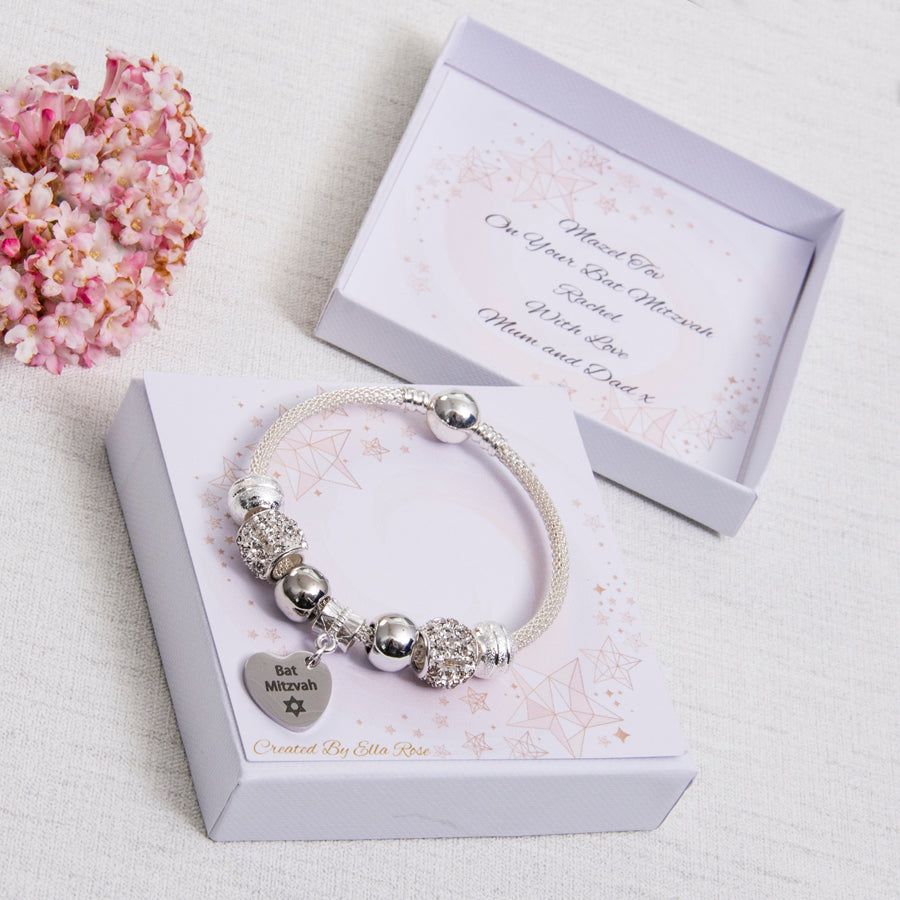 Bat Mitzvah Gift Sparkle Bracelet Engraved Heart Charm Personalised Card