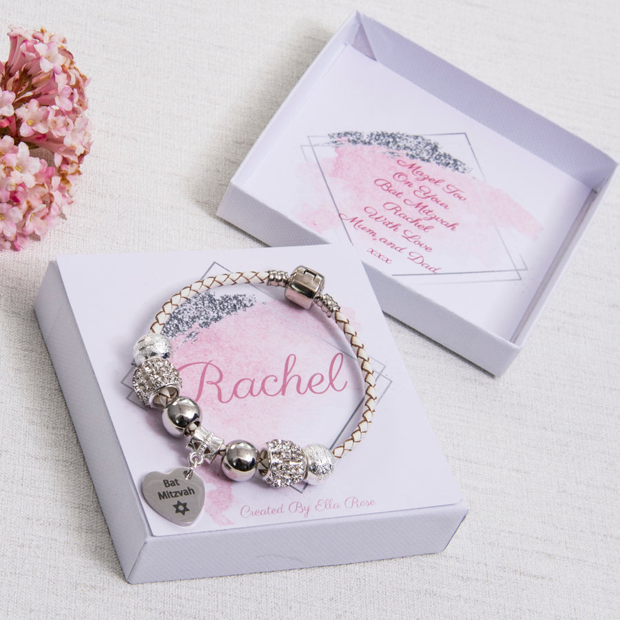 Bat Mitzvah Gift White Leather Bracelet With Sparkle Beads Heart Charm Personalised Card