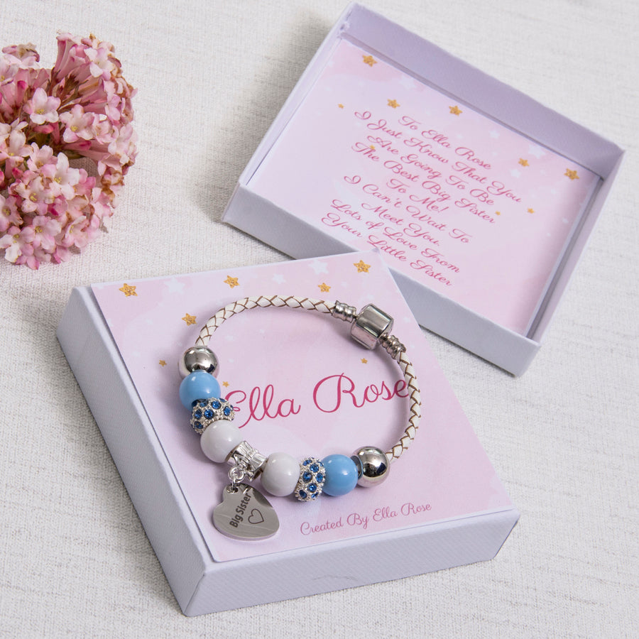 Big Sister Gift Charm Bracelet Blue Diamante Beads Personalised Star Card