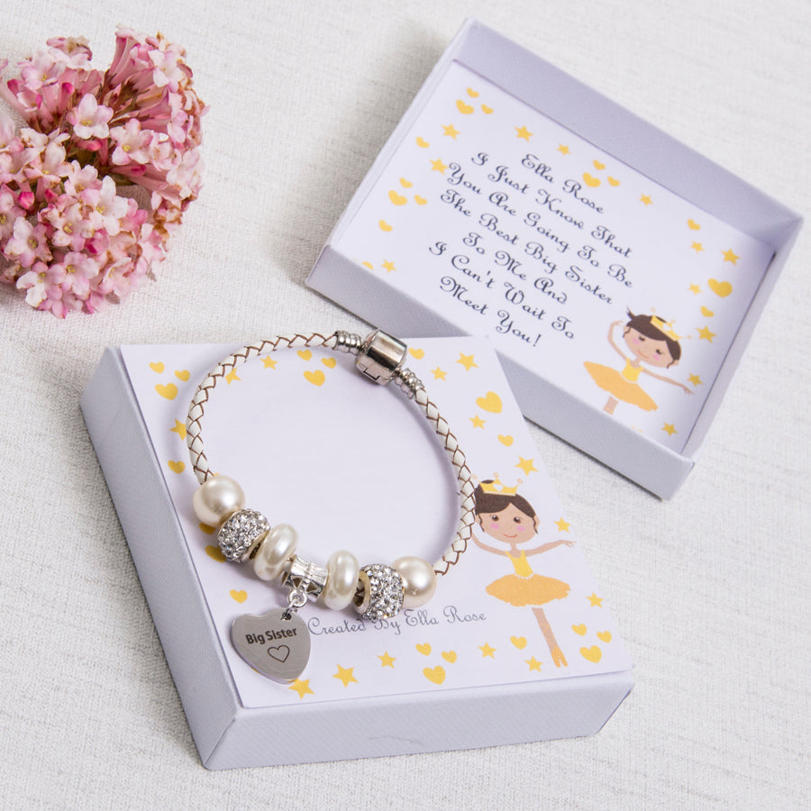 Big Sister Gift Charm Bracelet Cream Diamante Beads Personalised Ballerina Card