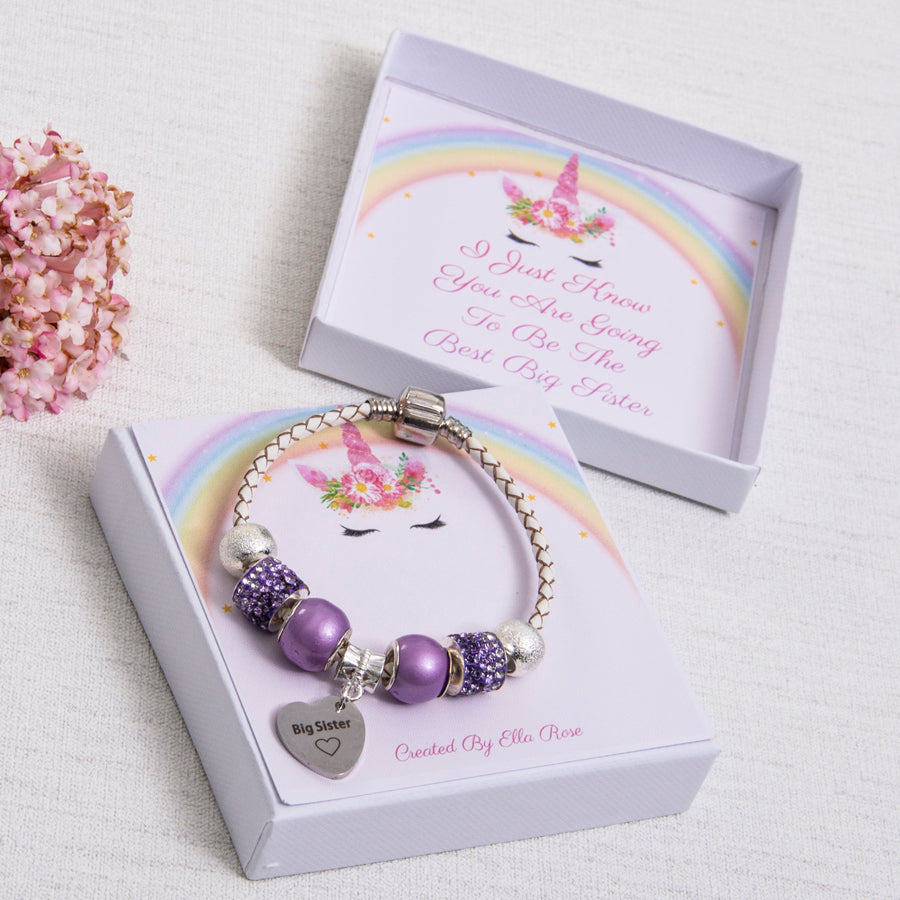 Big Sister Gift Charm Bracelet Purple Diamante Beads Personalised Unicorn Card