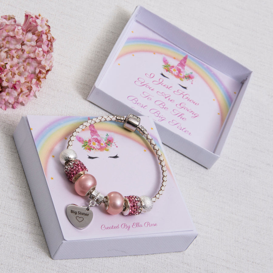 Big Sister Gift Charm Bracelet Pink Diamante Beads Personalised Unicorn Card