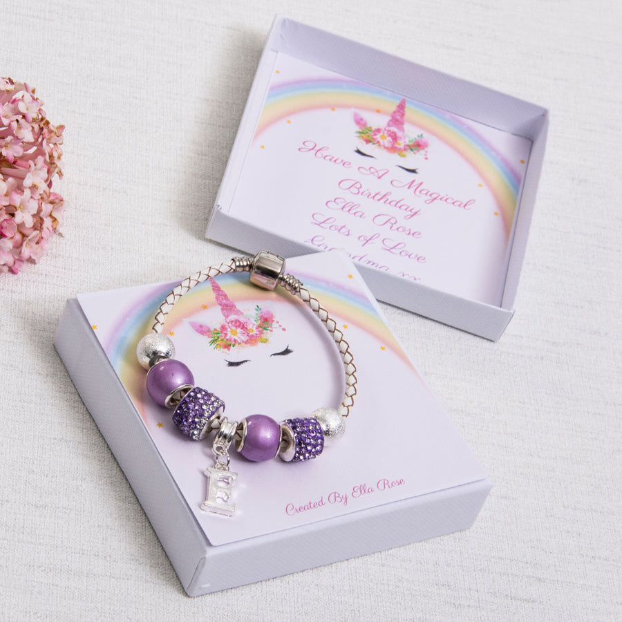 Unicorn Purple Sparkle Birthday or Christmas Gift For Girls Charm Bracelet With Initial Charm