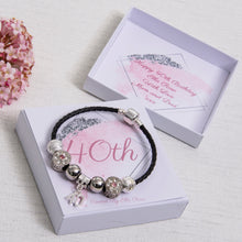 Load image into Gallery viewer, 40th Birthday Gift, Charm Bracelet, Black Leather, Pink Diamante Beads, Personalised Card &amp; Keepsake Box
