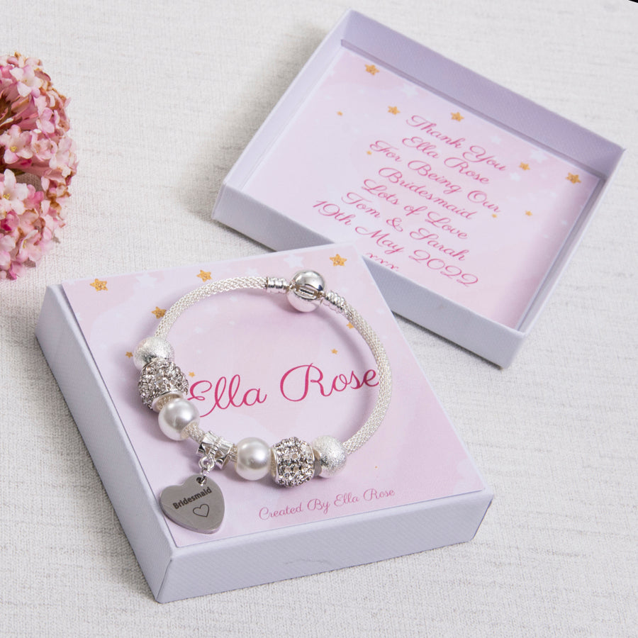 Bridesmaid Gift Girls Sparkly Charm Bracelet Clear Sparkly Beads Personalised Card