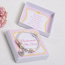 Load image into Gallery viewer, Bridesmaid Gift Sparkly Charm Bracelet Pink and Diamante Beads Personalised Princess Card
