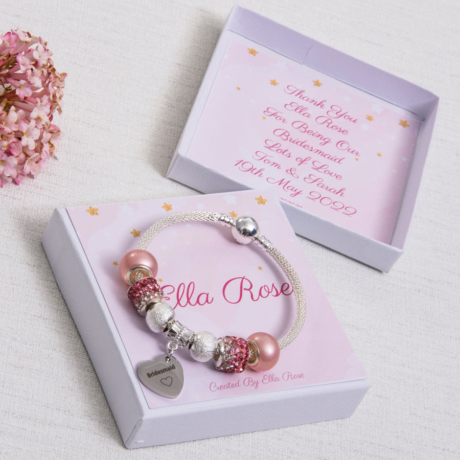 Bridesmaid Gift Girls Sparkly Charm Bracelet Pink Diamante Beads Personalised Card