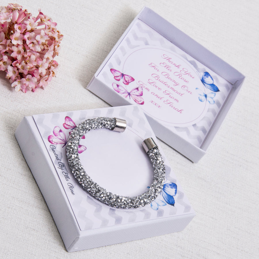 Adult Bridesmaid, Chief Bridesmaid, Maid of Honour, Mother of the Bride or Groom Thank You Gift Silver Sparkle Bracelet Personalised Card