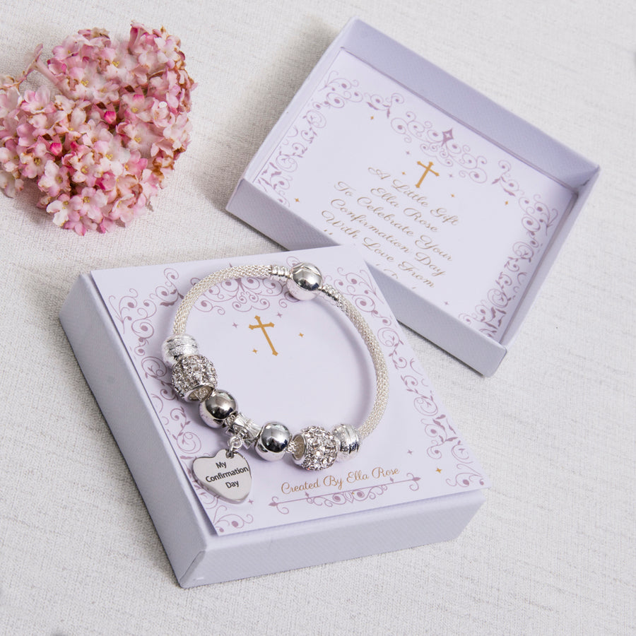 Confirmation Day Gift Sparkle Bracelet Diamante Beads Engraved Confirmation Heart Charm Personalised Card