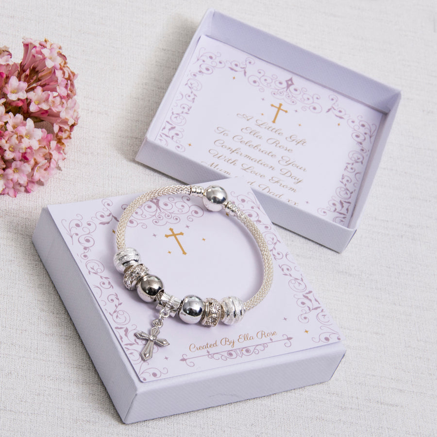 Confirmation Day Gift Sparkle Bracelet Diamante beads Cross Charm Personalised Card