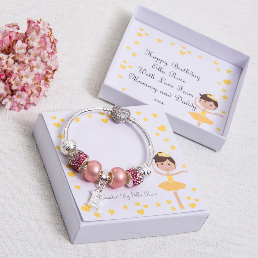 Ballerina Birthday or Christmas Gift For Girls Heart Clasp Charm Bracelet Pink Diamante Beads Initial Charm