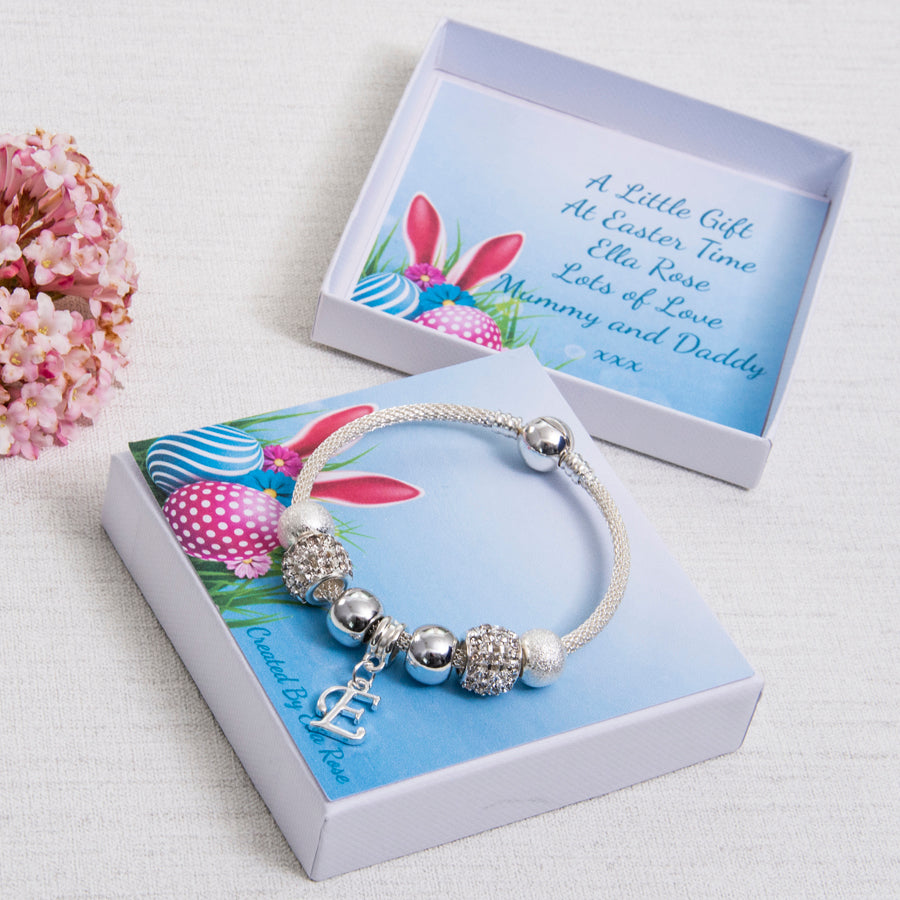 Easter Gift For Girls Sparkle Charm Bracelet Clear Sparkle Beads Personalised Bunny Card