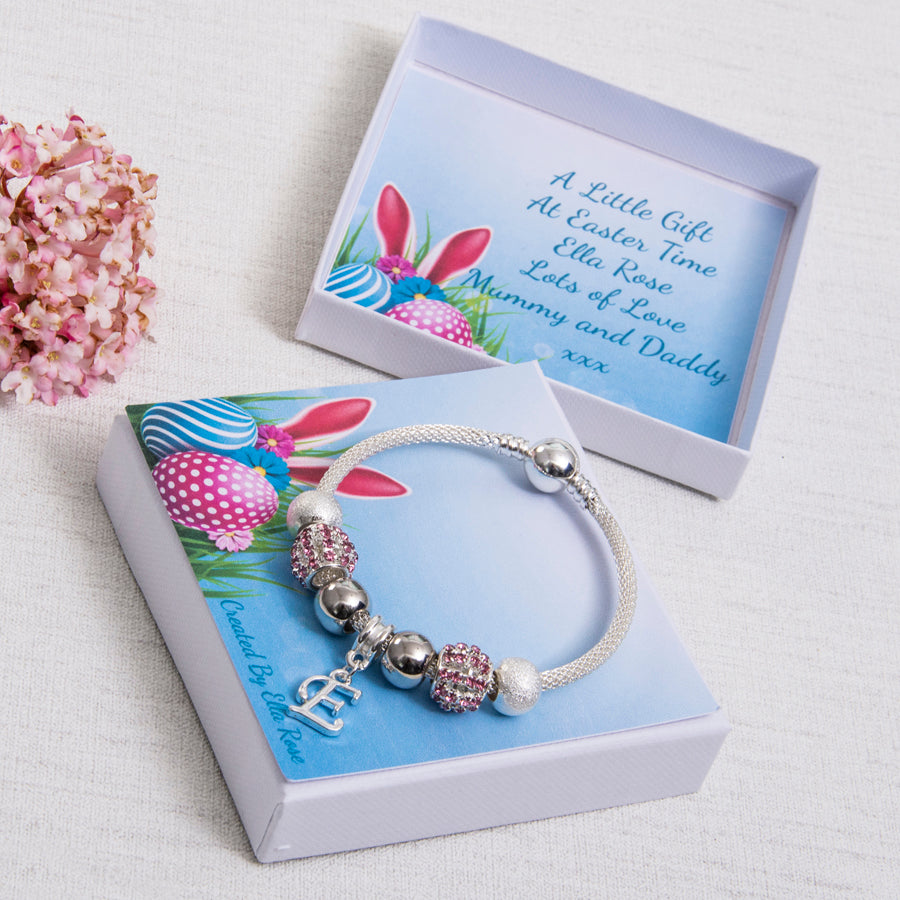 Easter Gift For Girls Sparkle Charm Bracelet Pink Sparkle Beads Personalised Bunny Card