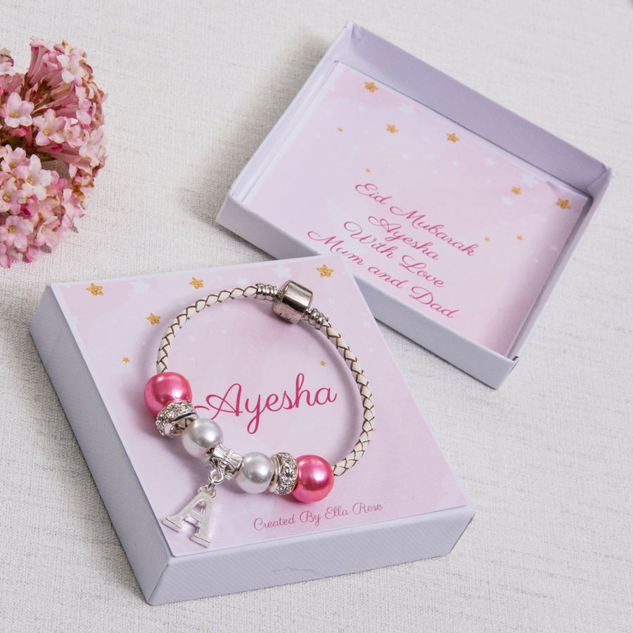 Eid Gift For Girls Charm Bracelet Younger Girls Pink and Diamante Beads and Personalised Card