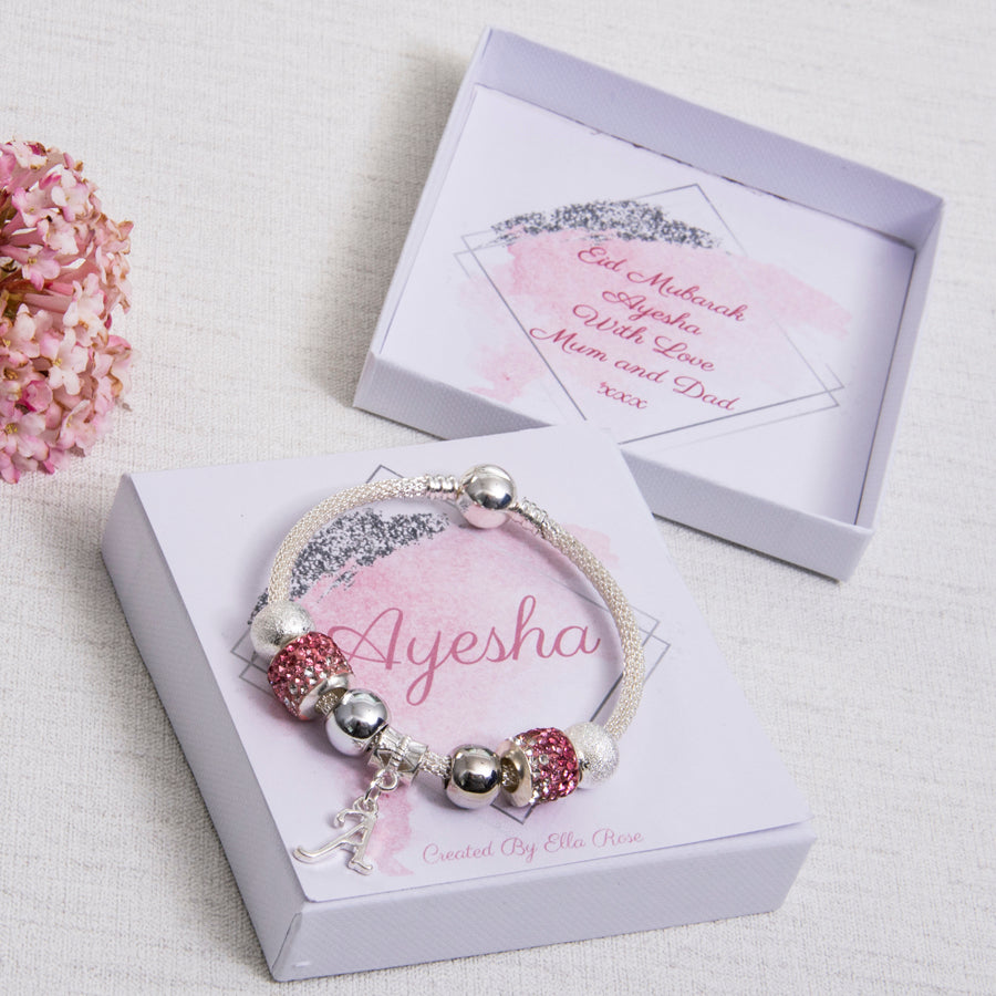 Eid Gift For Girls All Ages Sparkly Bracelet Pink Diamante 17cm or 19cm Personalised Card