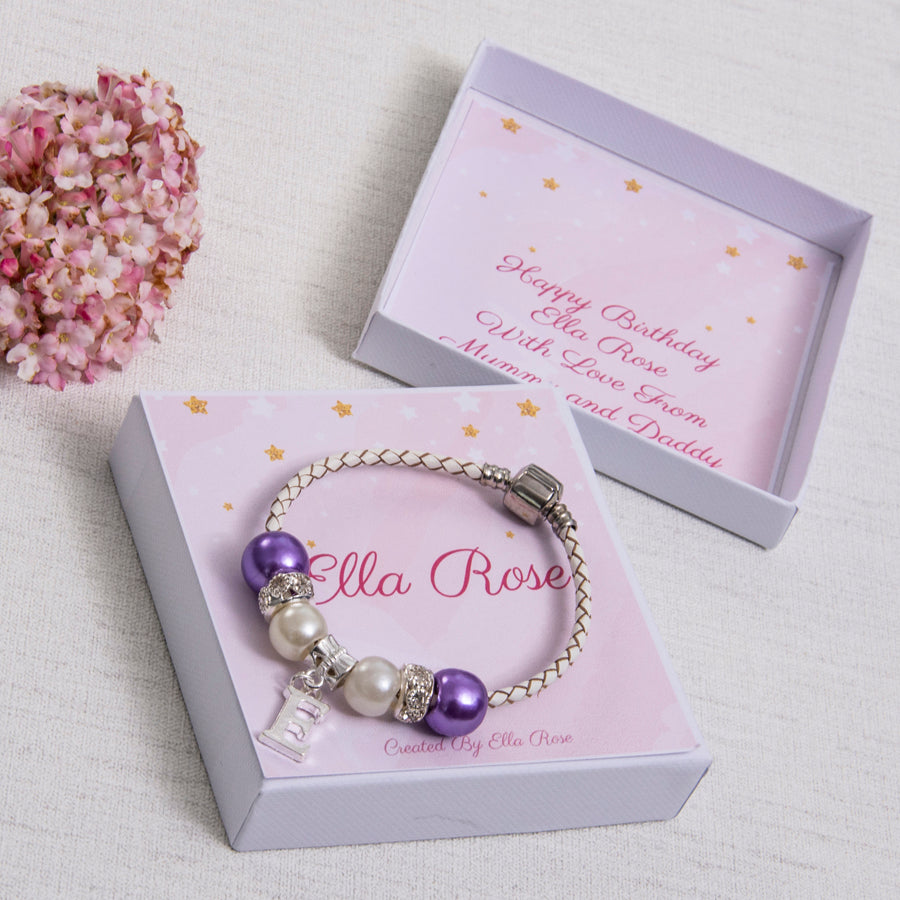 Star Birthday or Christmas Gift For Girls Purple Charm Bracelet With Initial Charm