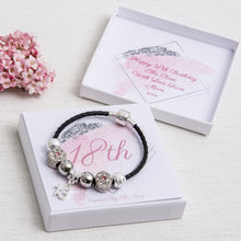 Load image into Gallery viewer, 18th Birthday Gift, Charm Bracelet, Black Leather, Pink Diamante Beads, Personalised Card &amp; Keepsake Box
